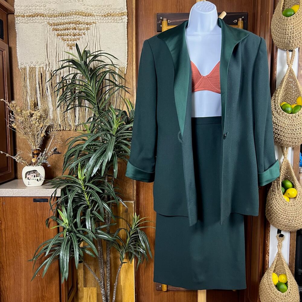 Vintage Christian Dior Skirt Suit Wool Green Blazer Skirt 2 Piece 80s 90s USA